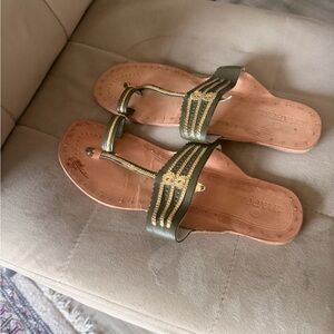 Olive Green Slide Sandals with Gold Beaded Trim